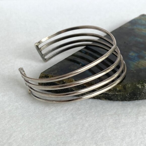 Sterling Silver 925 Modernist 22MM Wide Multi Row 4 Band V Cuff Bracelet Sz 7.5" - Picture 3 of 16